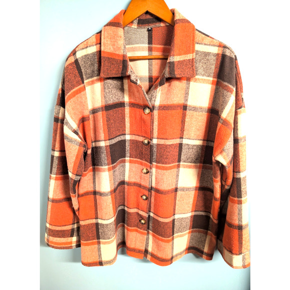 Men's Fall Outdoor Shirt XL Orange Brown Cream Check - Picture 1 of 3